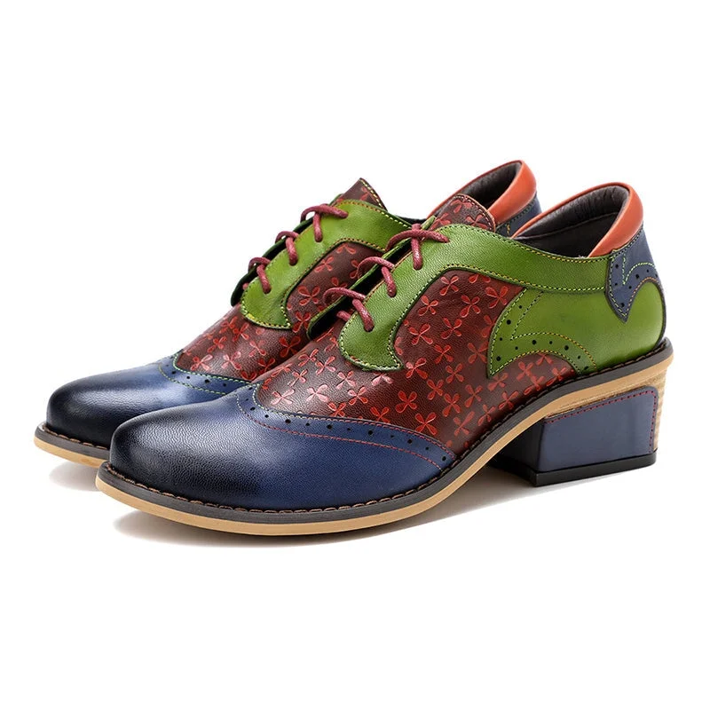 Women Fashion Brogue Oxfords With Printing Lace-up Shoes in Blue