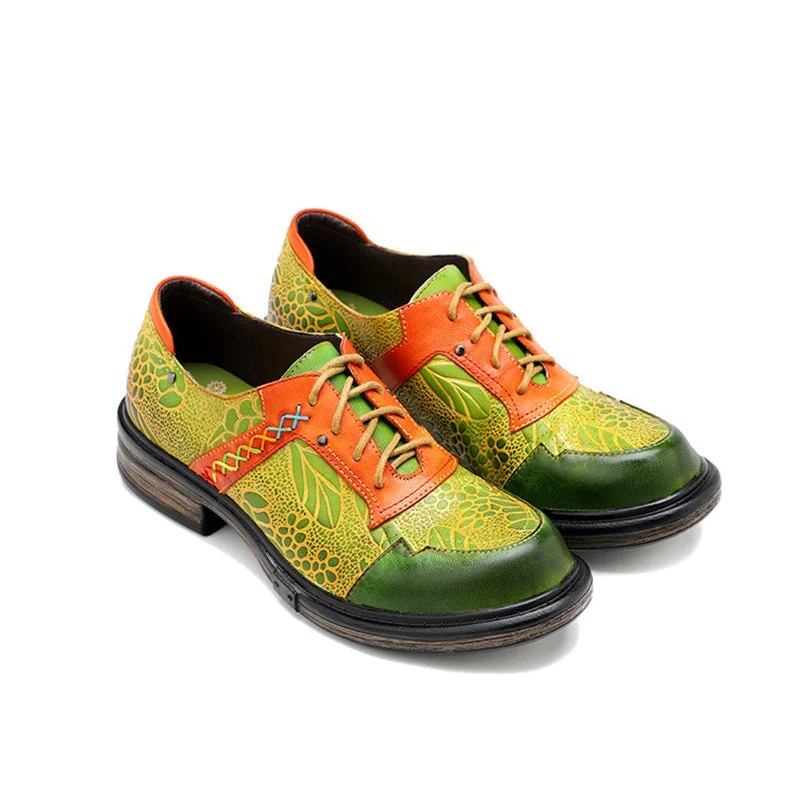 Women Fashion Brogue Oxfords With Printing Lace-up Shoes in Green