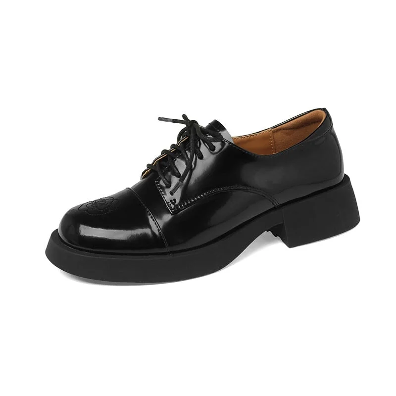 Women Round Toe Lace Up Chunky Derby Shoes Genuine Leather Contrast Color