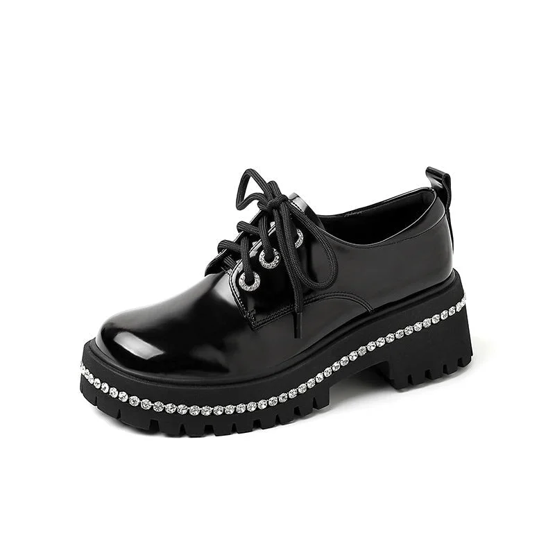 Women Round Toe Lace Up Chunky Derby Shoes Crystal-embellishment in White/Black