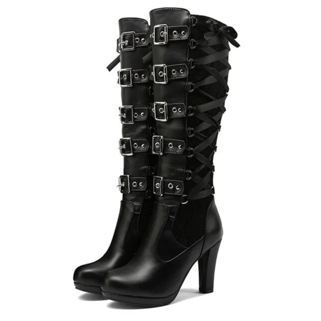 Women's Punk Buckled Lace-up High Boots