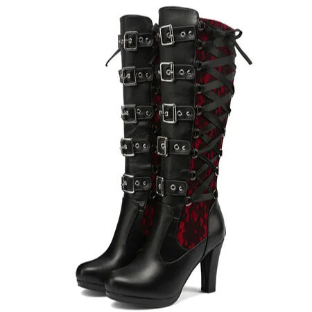 Women's Punk Buckled Lace-up High Boots