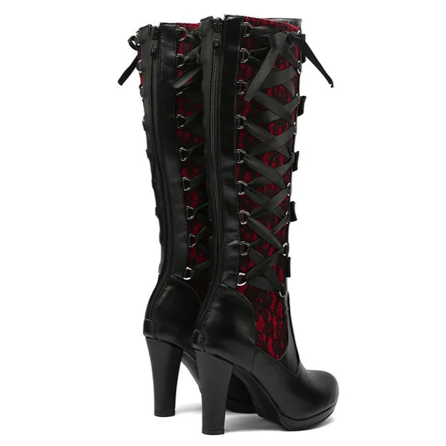 Women's Punk Buckled Lace-up High Boots