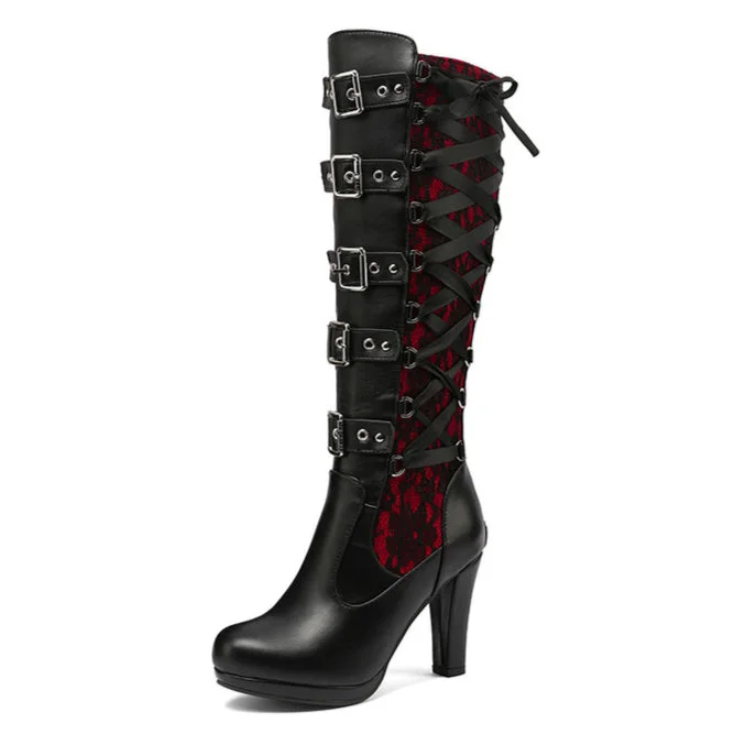 Women's Punk Buckled Lace-up High Boots