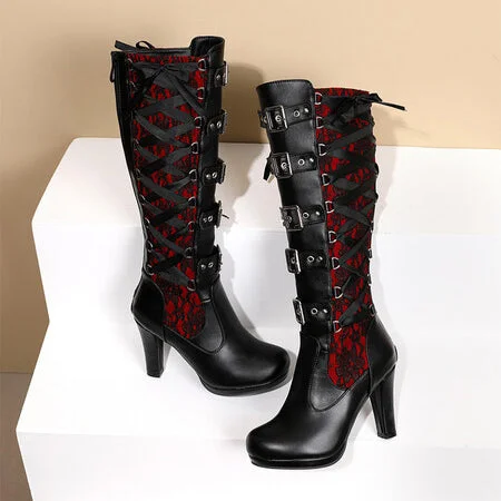 Women's Punk Buckled Lace-up High Boots