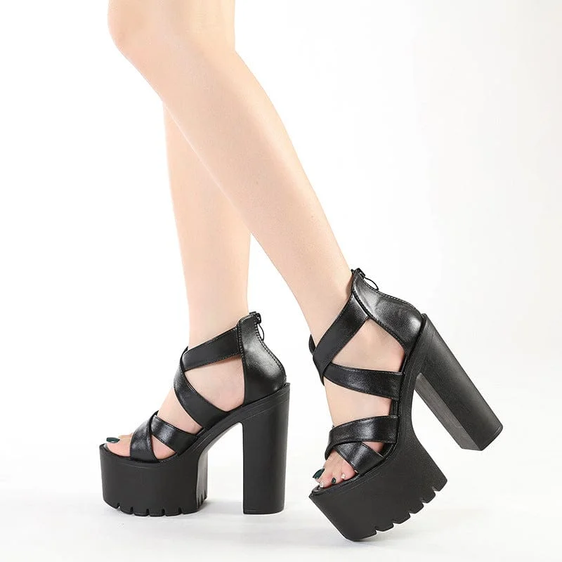 Women's Punk Crossed Zipped Chunky Heel Sandals