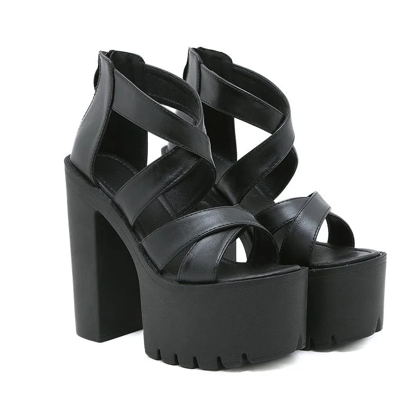 Women's Punk Crossed Zipped Chunky Heel Sandals