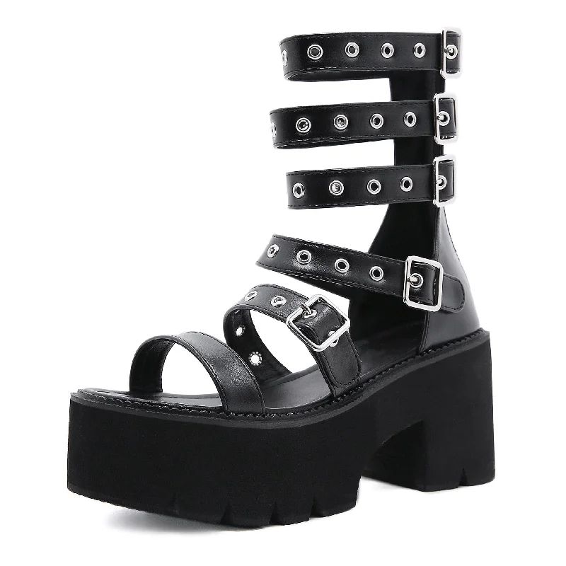 Women's Punk Eyelets Layered Buckles Open-toe Platform Sandals