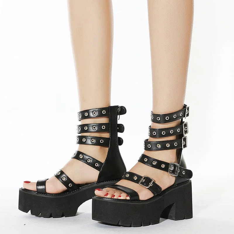 Women's Punk Eyelets Layered Buckles Open-toe Platform Sandals