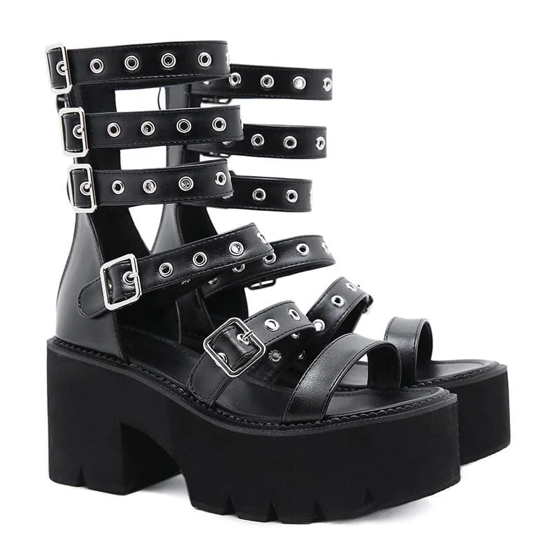 Women's Punk Eyelets Layered Buckles Open-toe Platform Sandals