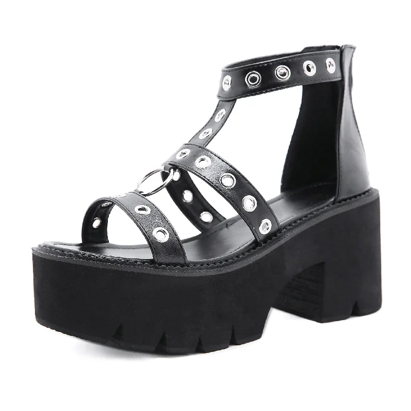 Women's Punk Eyelets Ring Zipper Sandals