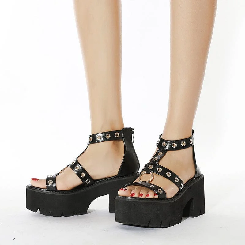 Women's Punk Eyelets Ring Zipper Sandals