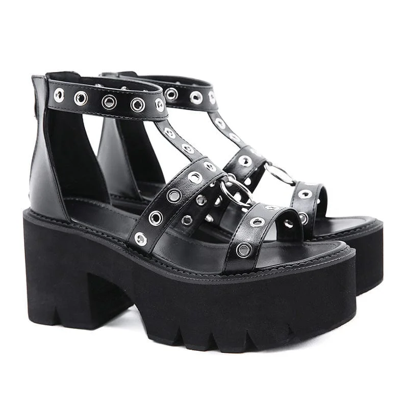 Women's Punk Eyelets Ring Zipper Sandals