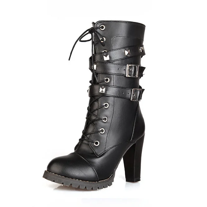 Women's Punk Studded Lace-up Heel Boots