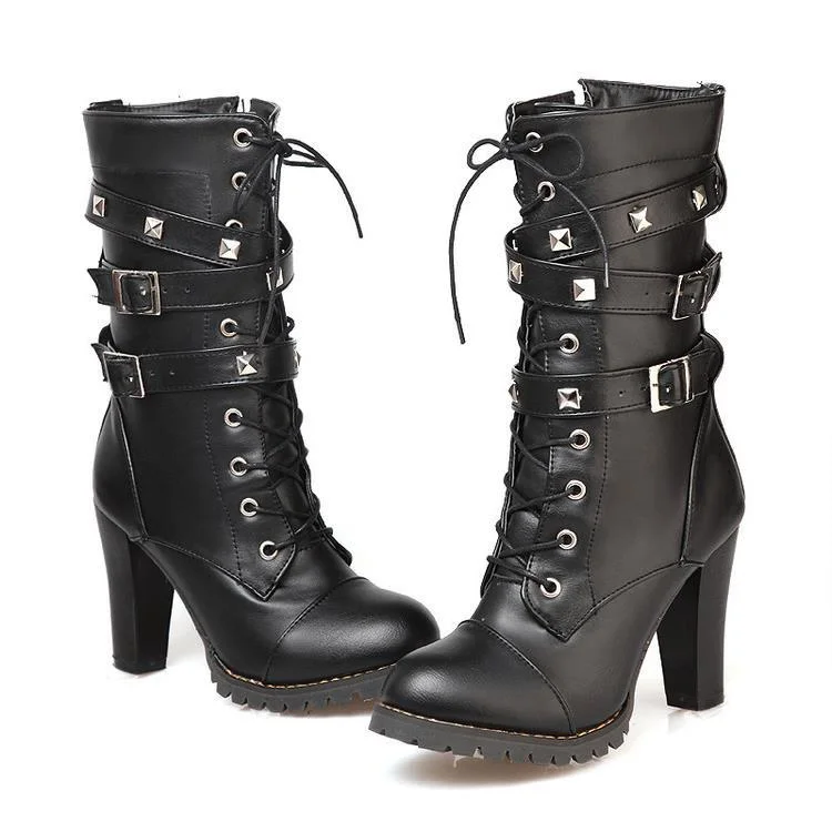 Women's Punk Studded Lace-up Heel Boots