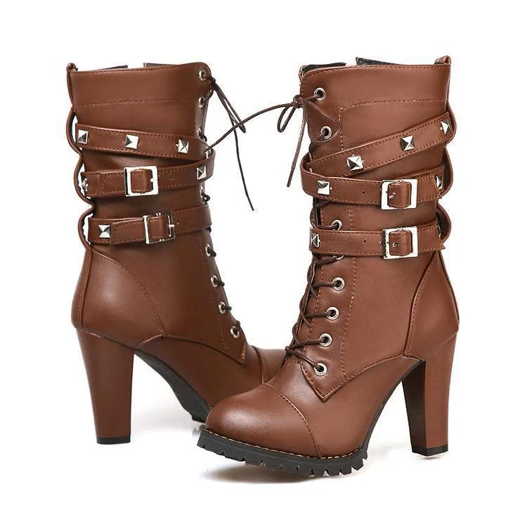 Women's Punk Studded Lace-up Heel Boots