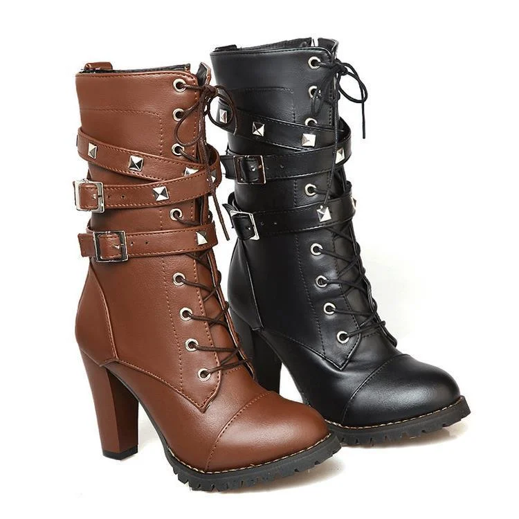 Women's Punk Studded Lace-up Heel Boots